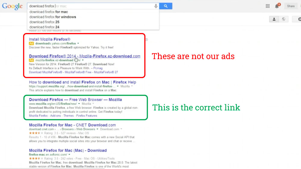 Google search results for download firefox showing 2 ads that are from other compaines. The correct result is the fourth one on the page.